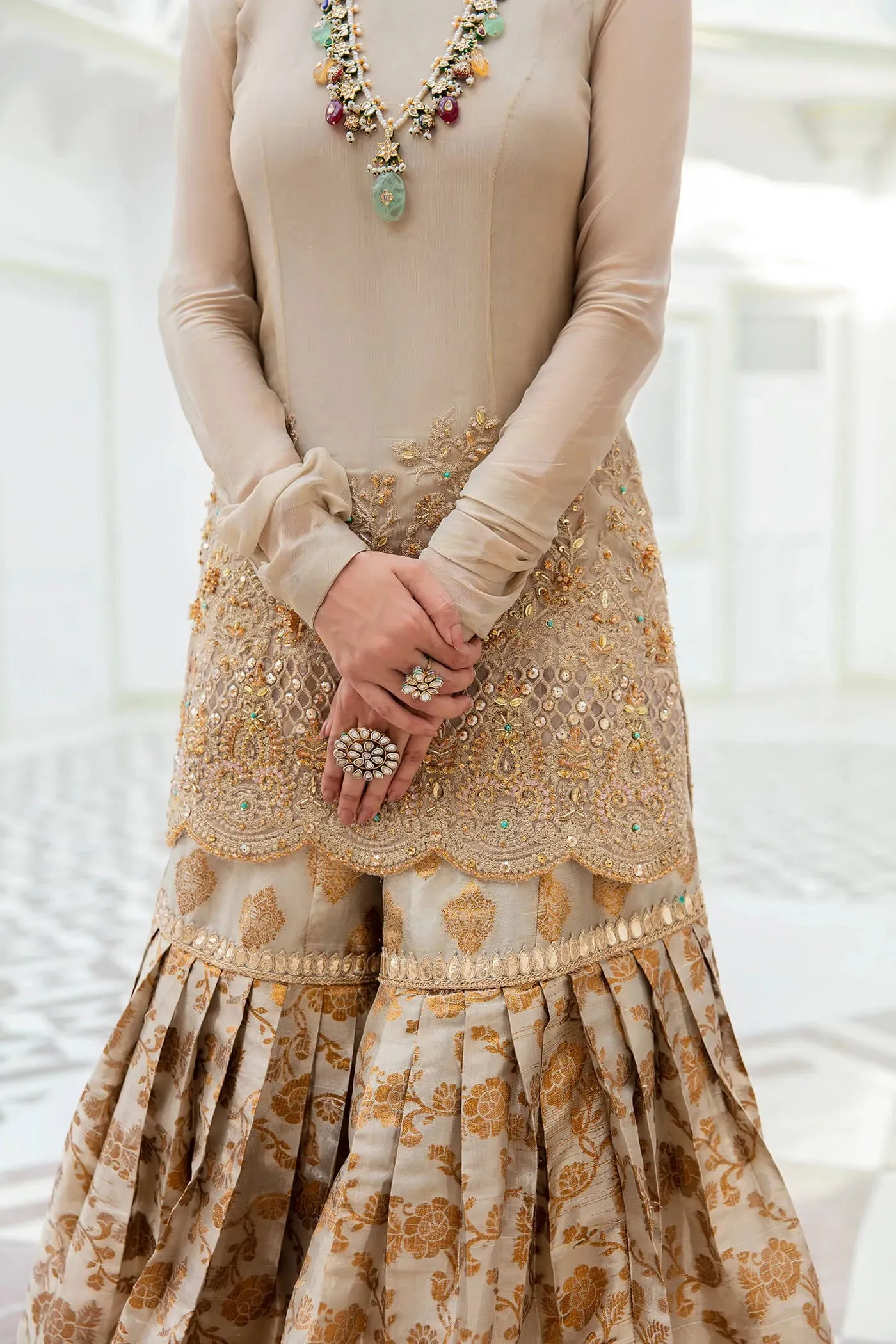 Classic Gold Embroidered Pakistani Wedding Dress Kameez Sharara Style