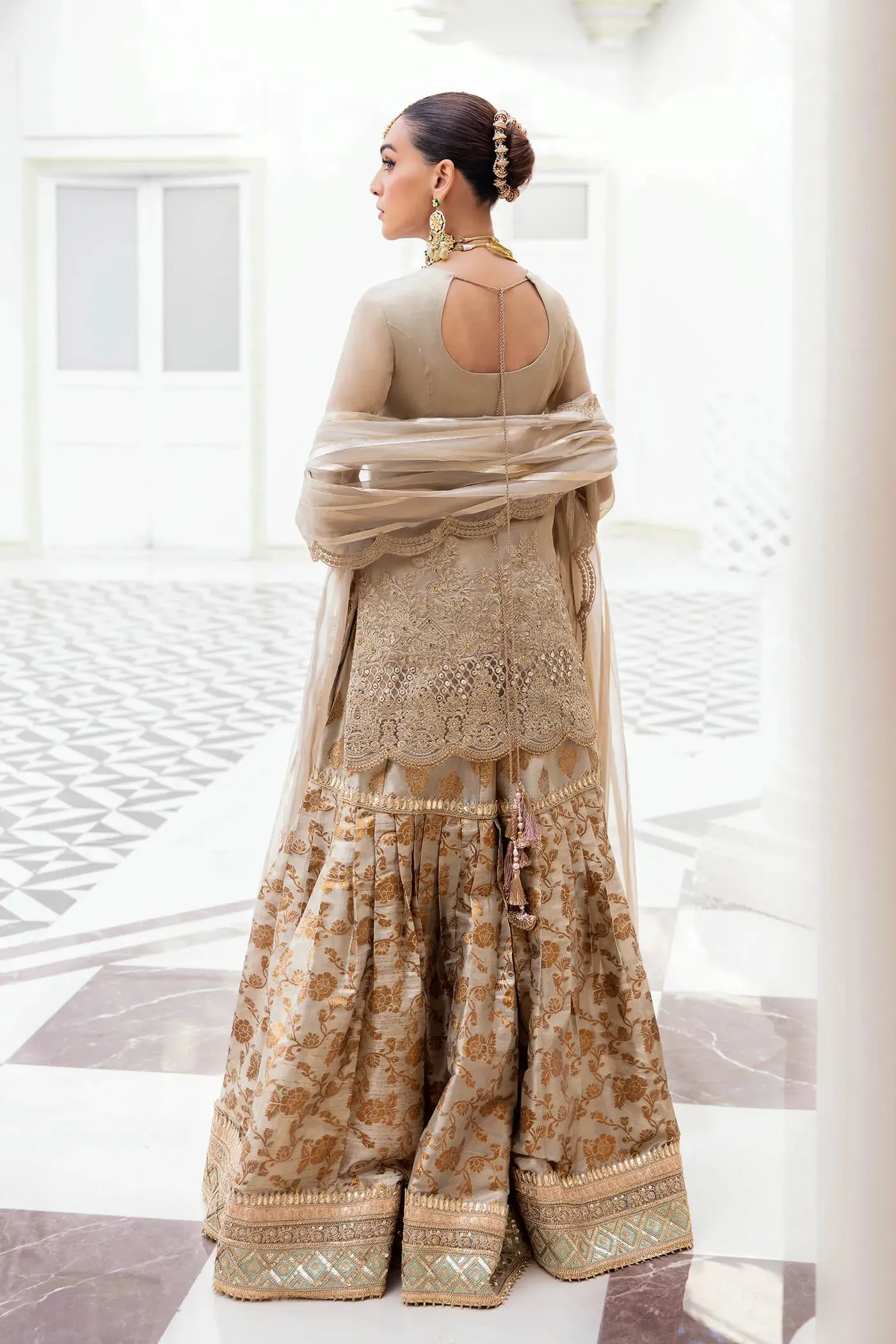 Classic Gold Embroidered Pakistani Wedding Dress Kameez Sharara Style
