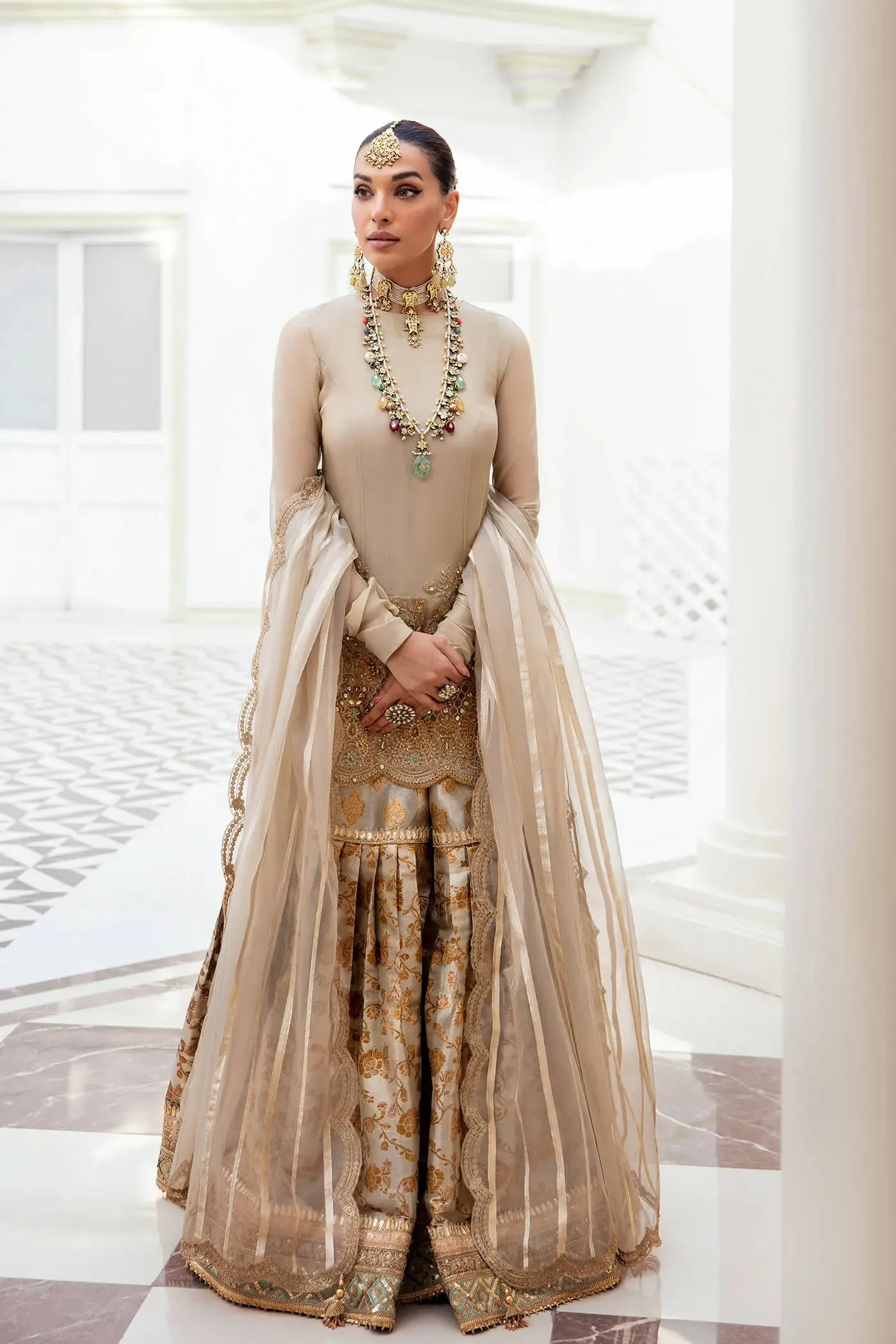 Classic Gold Embroidered Pakistani Wedding Dress Kameez Sharara Style