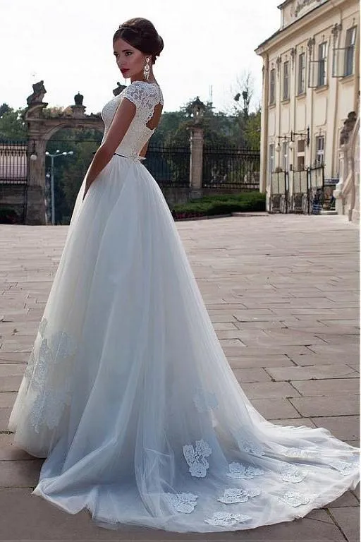 Classic Lace Cap Sleeves Wedding Dress with Black Belt