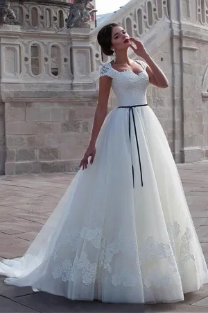 Classic Lace Cap Sleeves Wedding Dress with Black Belt