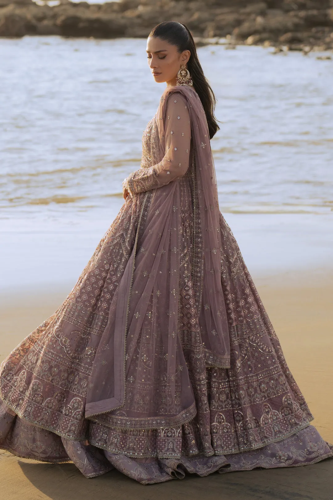 Classic Lilac Shade Double Layered Pishwas Style Pakistani Wedding Dress
