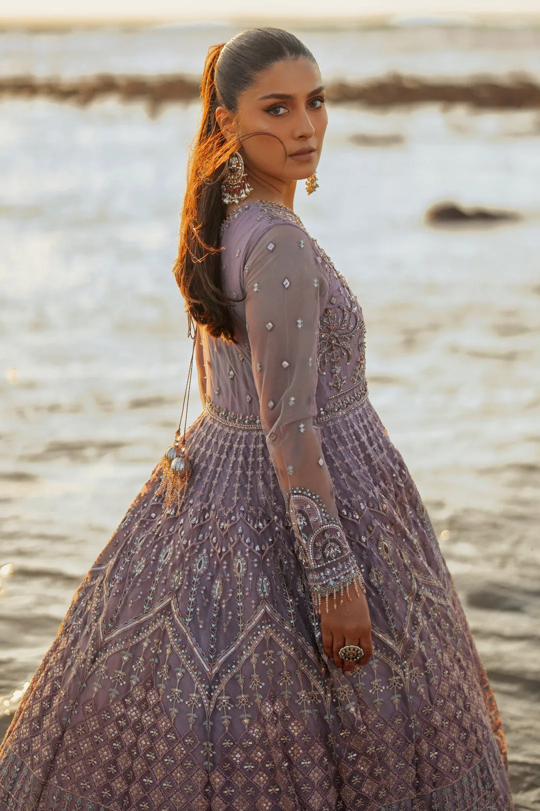 Classic Lilac Shade Double Layered Pishwas Style Pakistani Wedding Dress