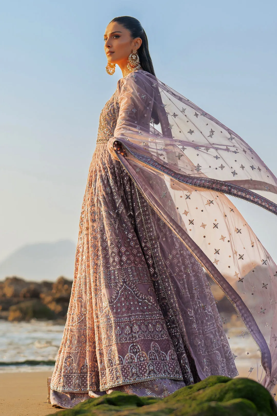 Classic Lilac Shade Double Layered Pishwas Style Pakistani Wedding Dress