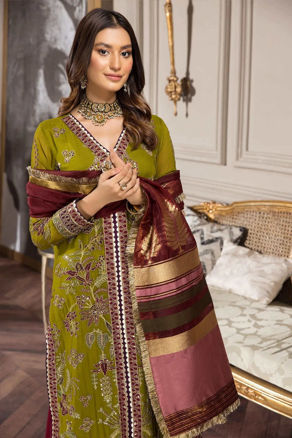 Classic Mehndi Green Pakistani Embroidered Gown Style Wedding Dress