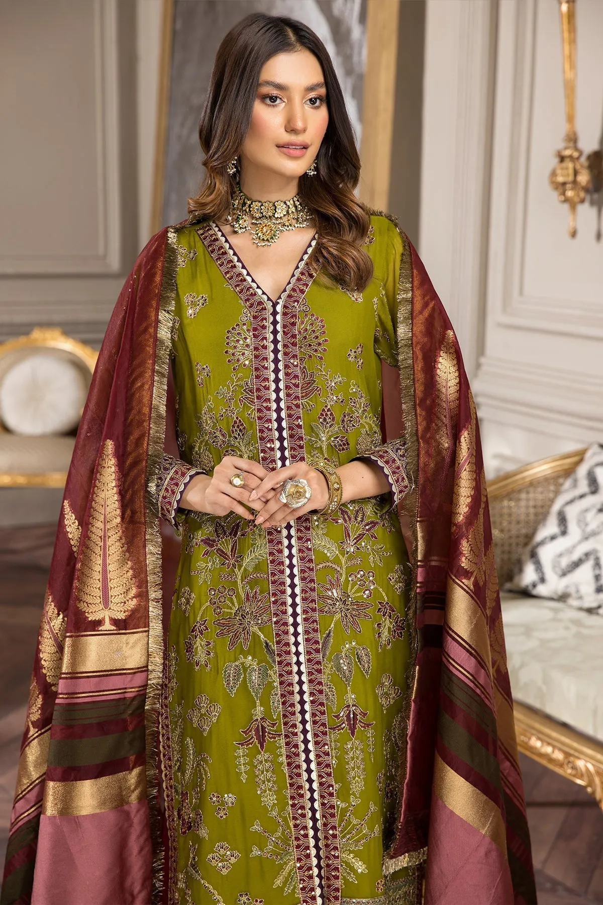 Classic Mehndi Green Pakistani Embroidered Gown Style Wedding Dress