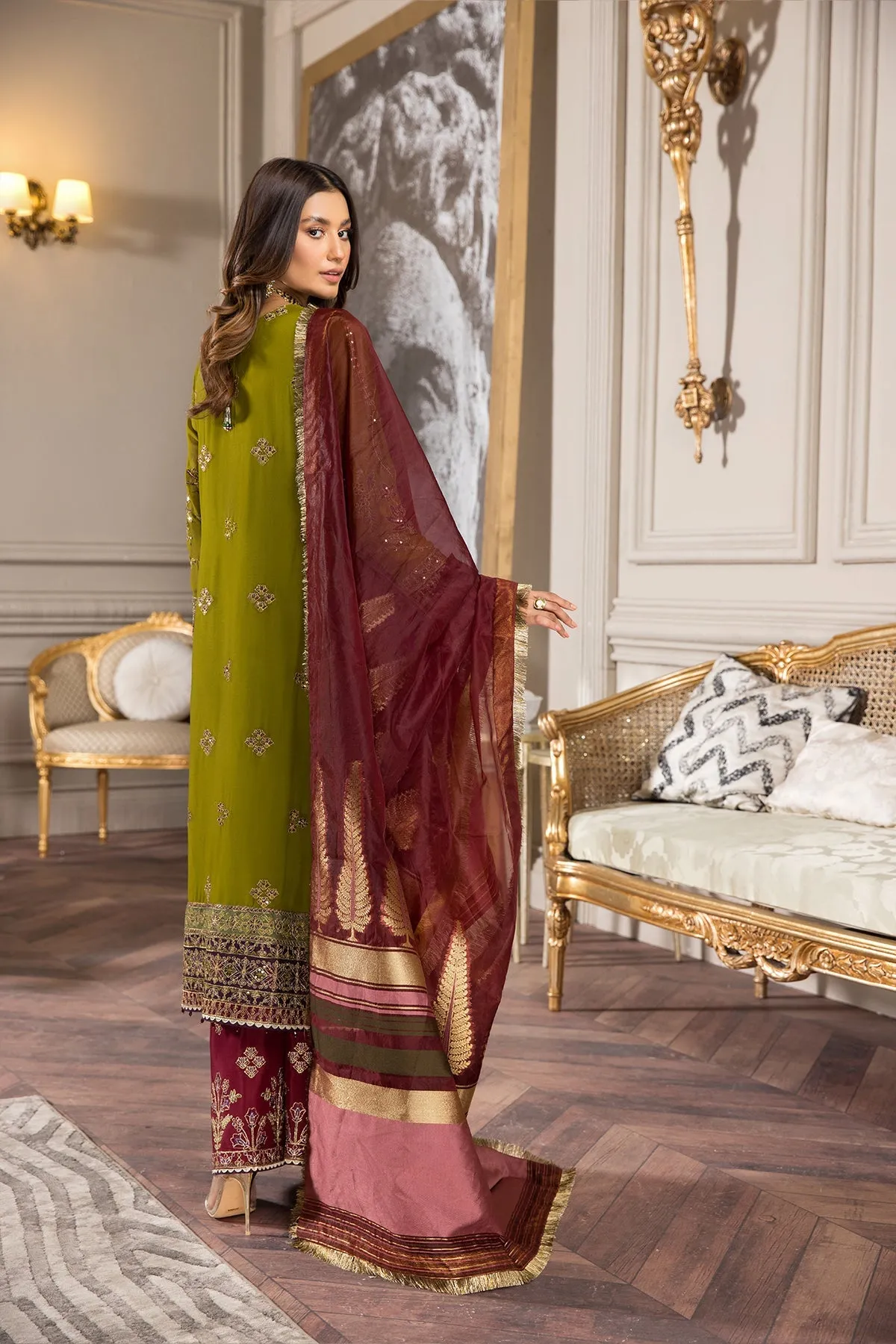 Classic Mehndi Green Pakistani Embroidered Gown Style Wedding Dress