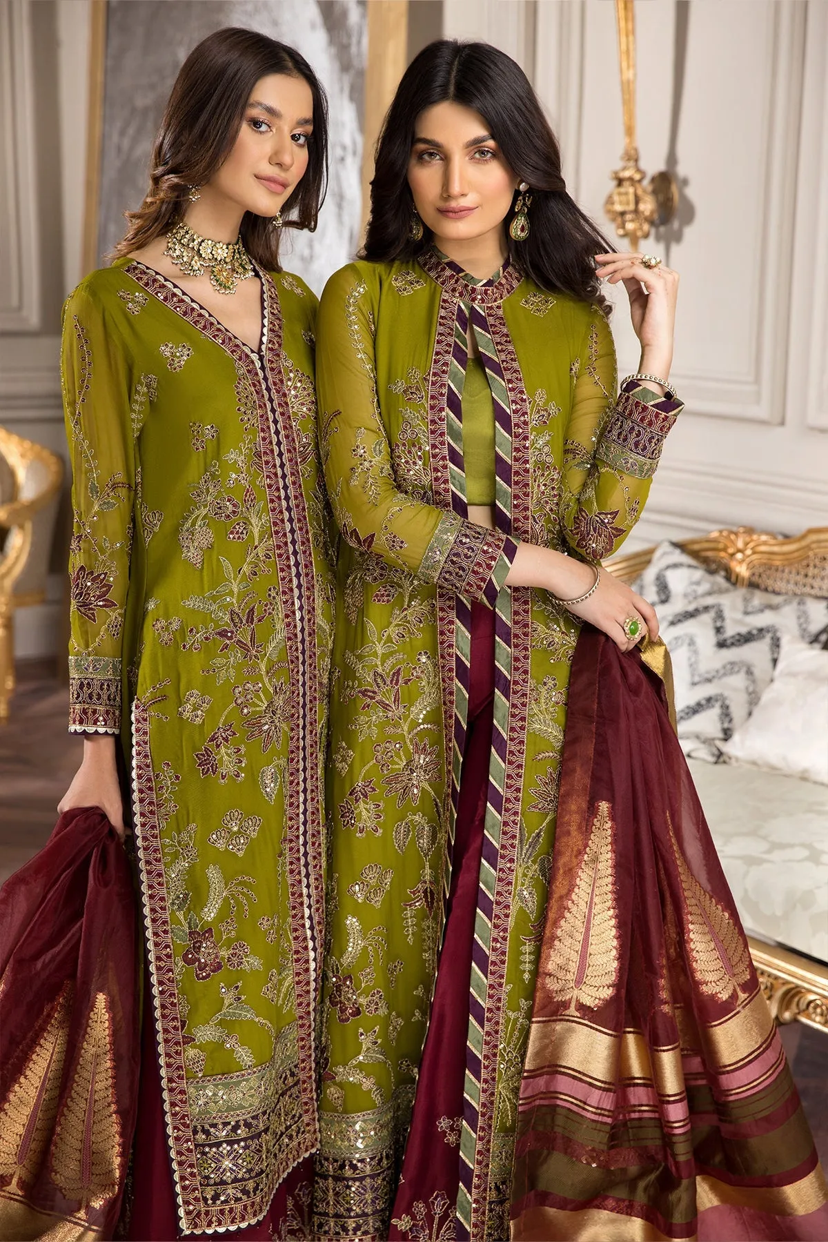 Classic Mehndi Green Pakistani Embroidered Gown Style Wedding Dress
