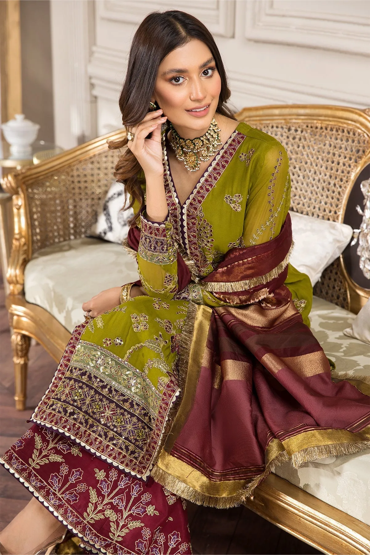 Classic Mehndi Green Pakistani Embroidered Gown Style Wedding Dress