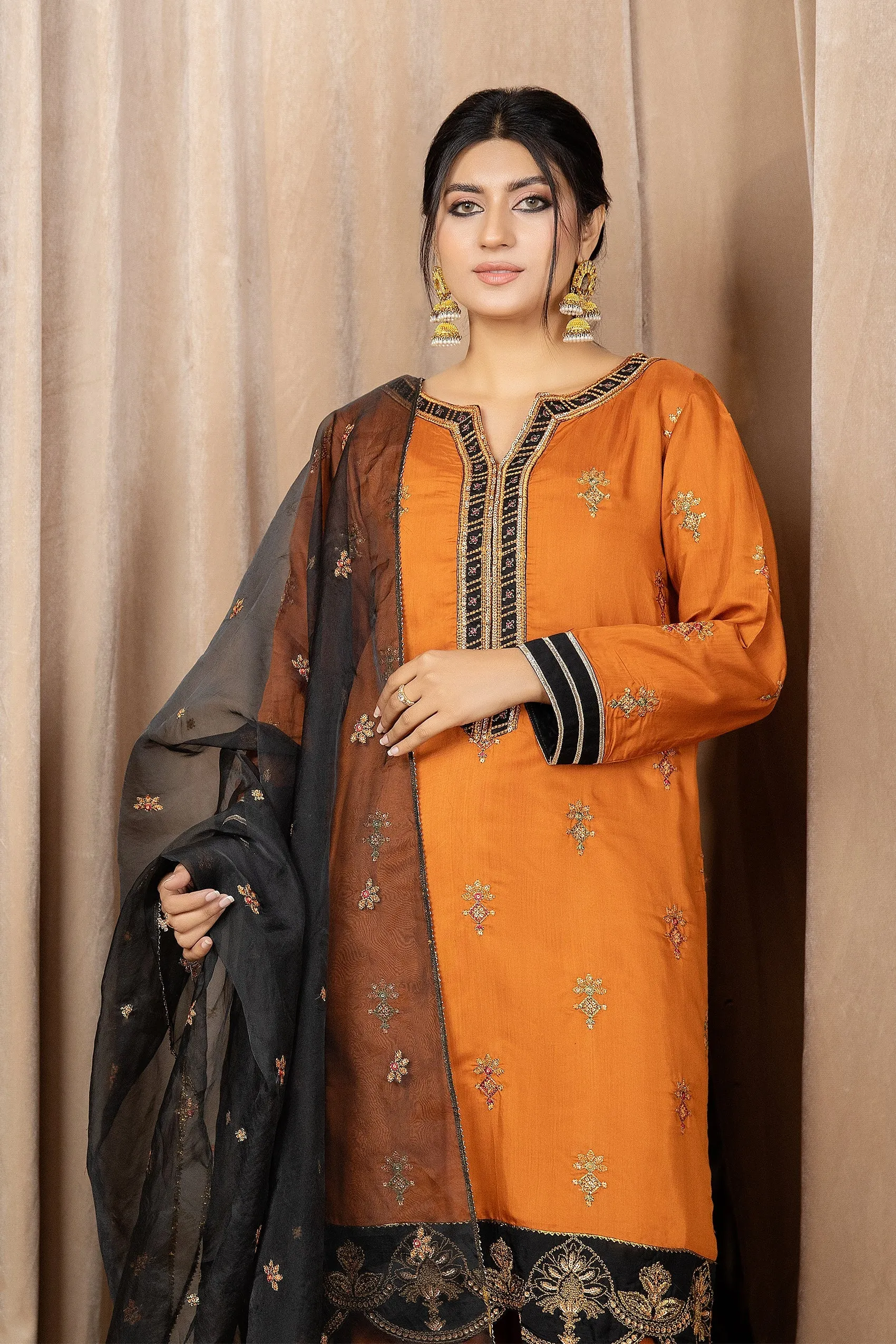 Classic Mustard Embroidered Pakistani Kameez Sharara Party Wear