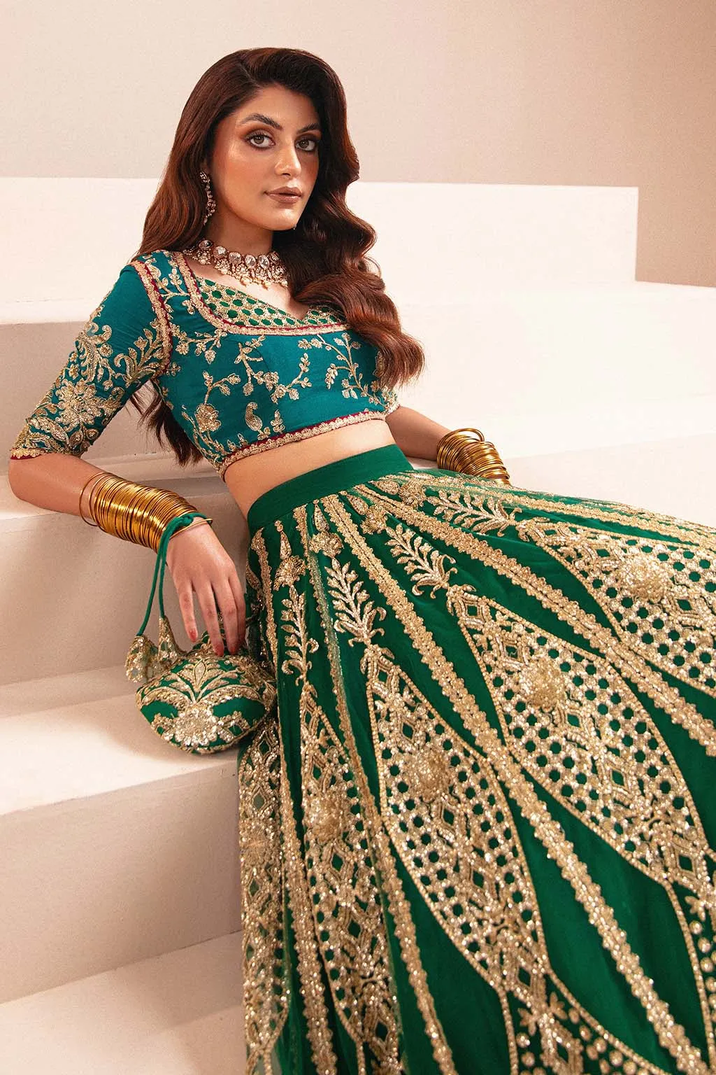 Classic Pakistani Wedding Dress with Green Lehenga Choli and Blue Contrast