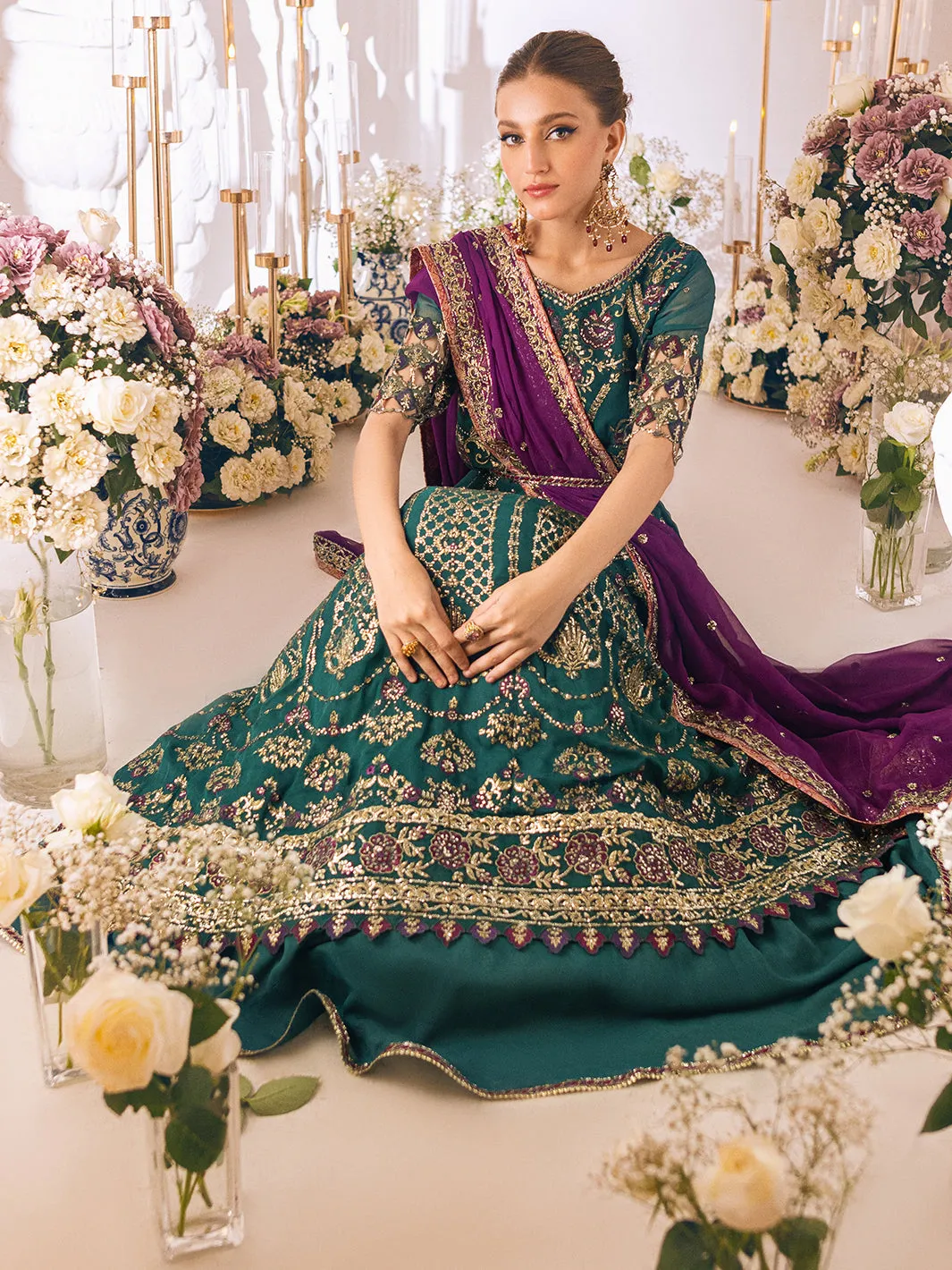 Classic Teal Green Embellished Pakistani Wedding Dress in Pishwas Style