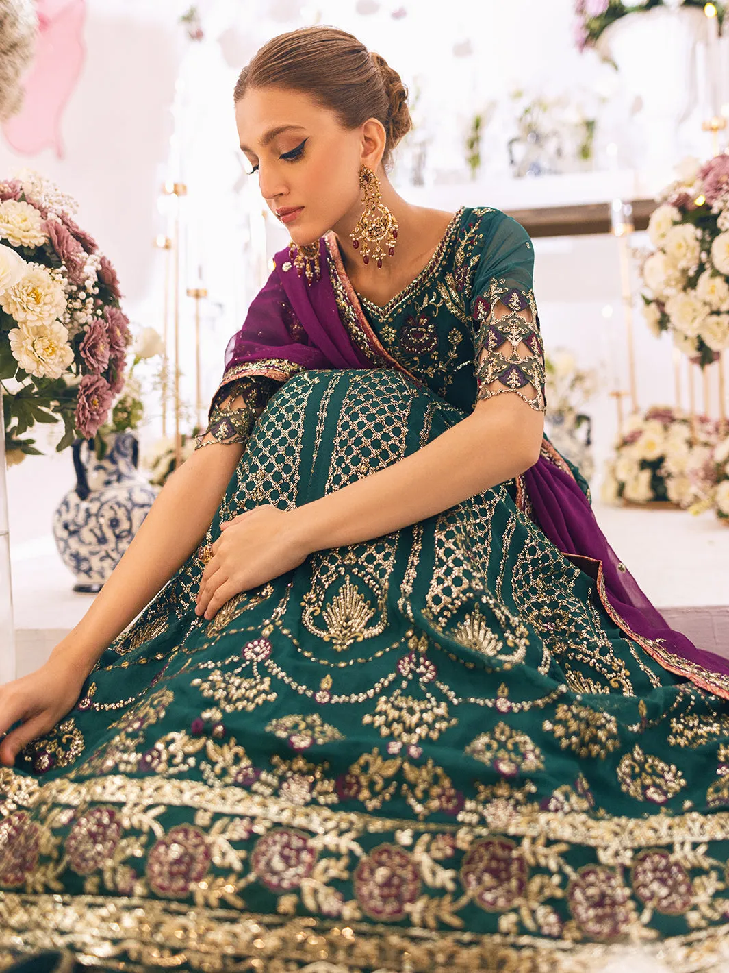 Classic Teal Green Embellished Pakistani Wedding Dress in Pishwas Style
