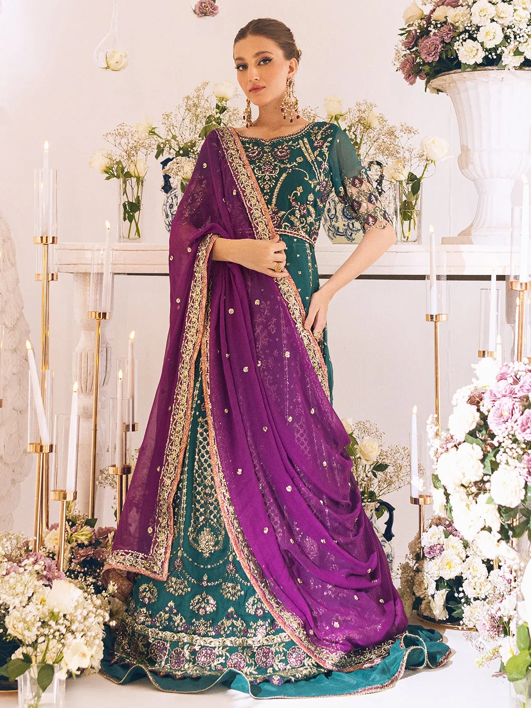 Classic Teal Green Embellished Pakistani Wedding Dress in Pishwas Style