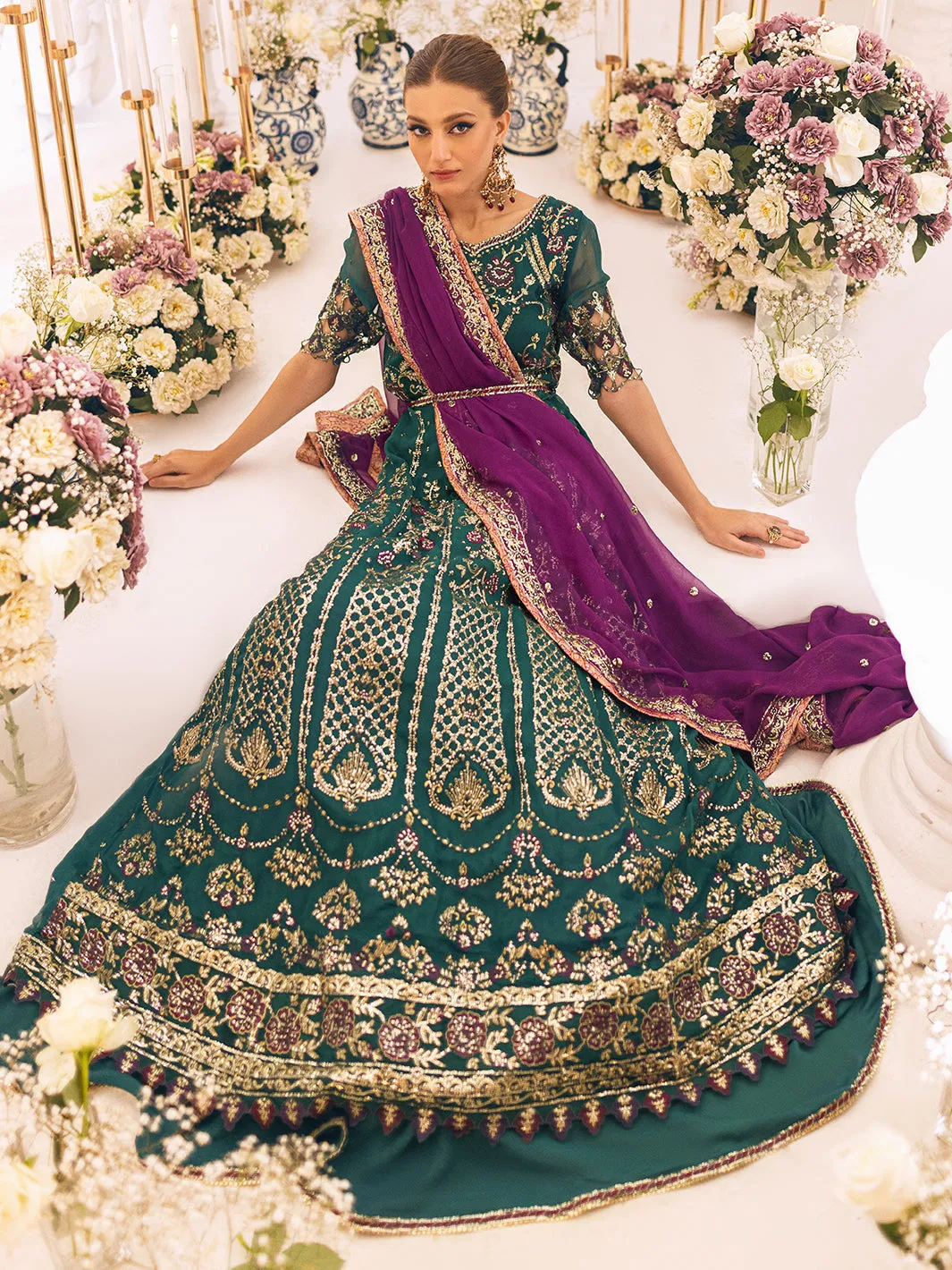 Classic Teal Green Embellished Pakistani Wedding Dress in Pishwas Style