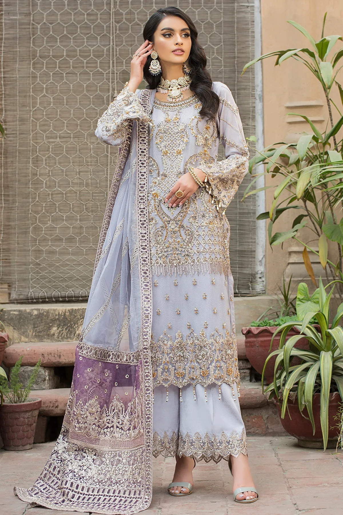 Cloudy Grey Hand Embellished Kameez Trousers Pakistani Party Dress