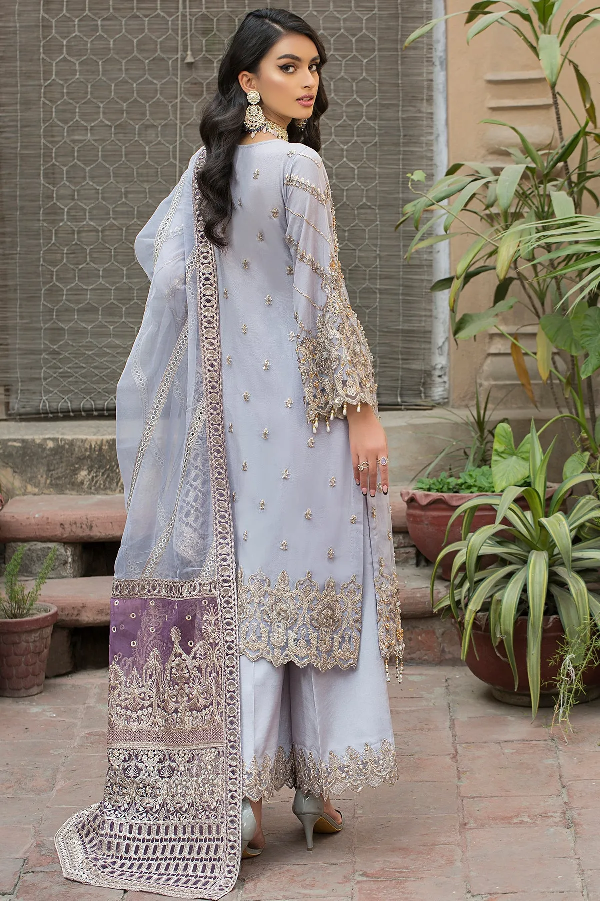 Cloudy Grey Hand Embellished Kameez Trousers Pakistani Party Dress