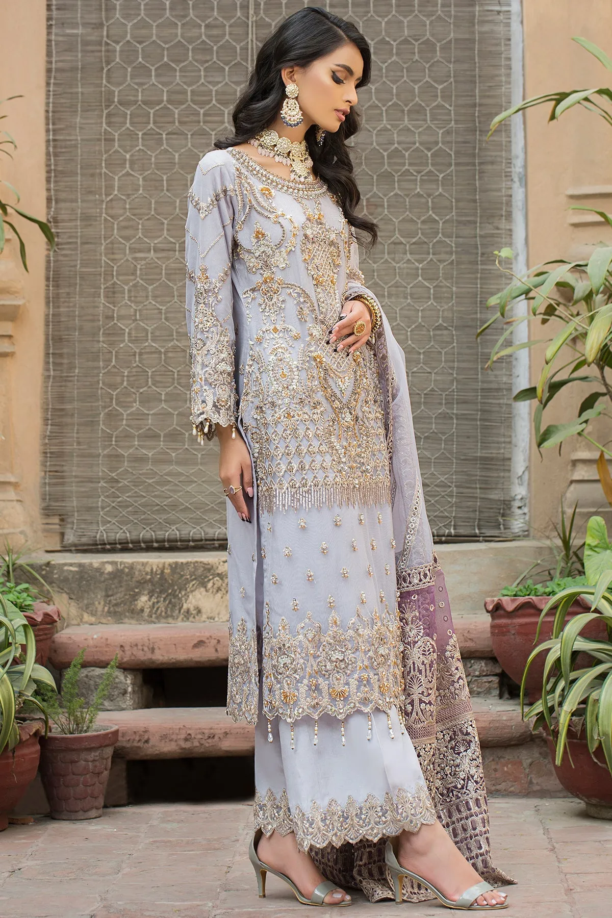 Cloudy Grey Hand Embellished Kameez Trousers Pakistani Party Dress