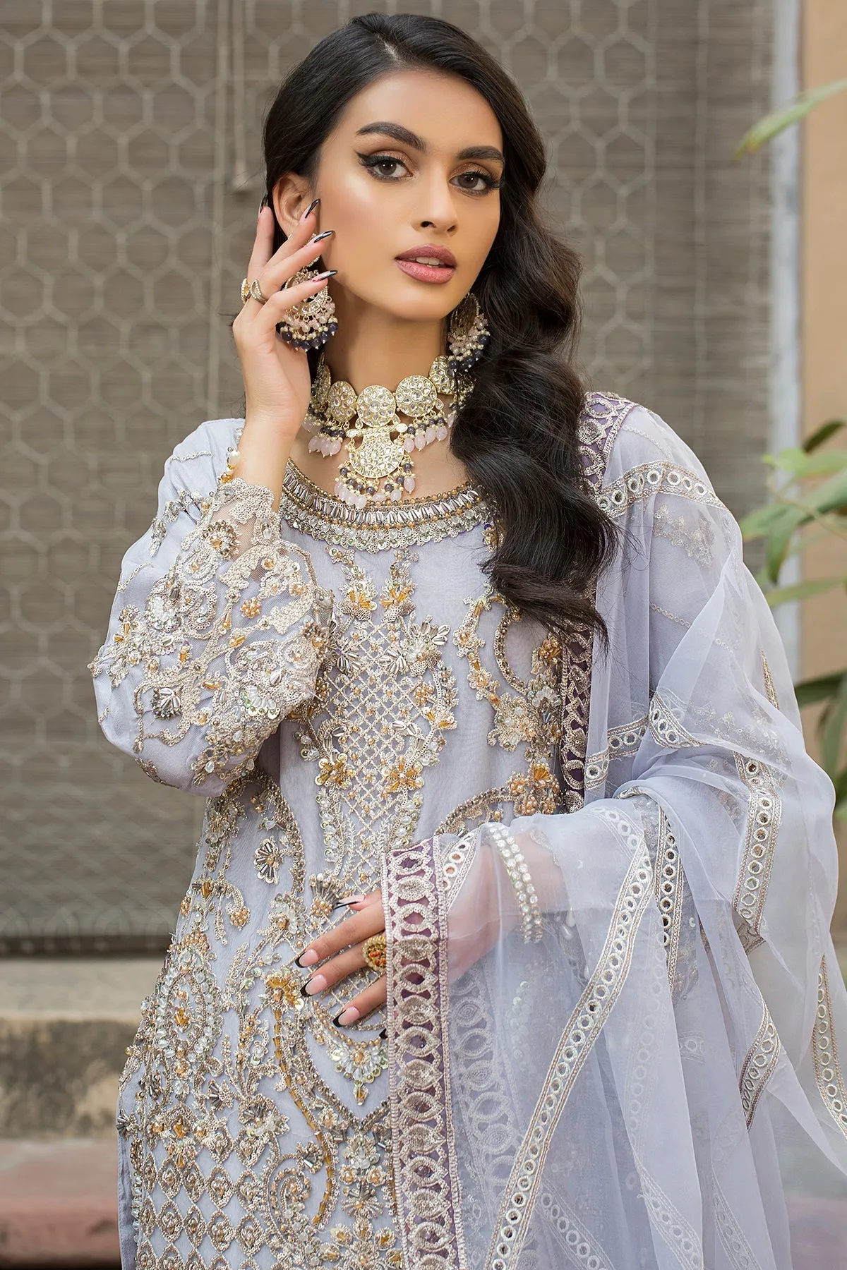 Cloudy Grey Hand Embellished Kameez Trousers Pakistani Party Dress