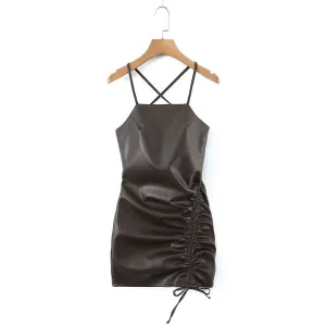 Cross Back Spaghetti Strap Ruched PU Mini Dress