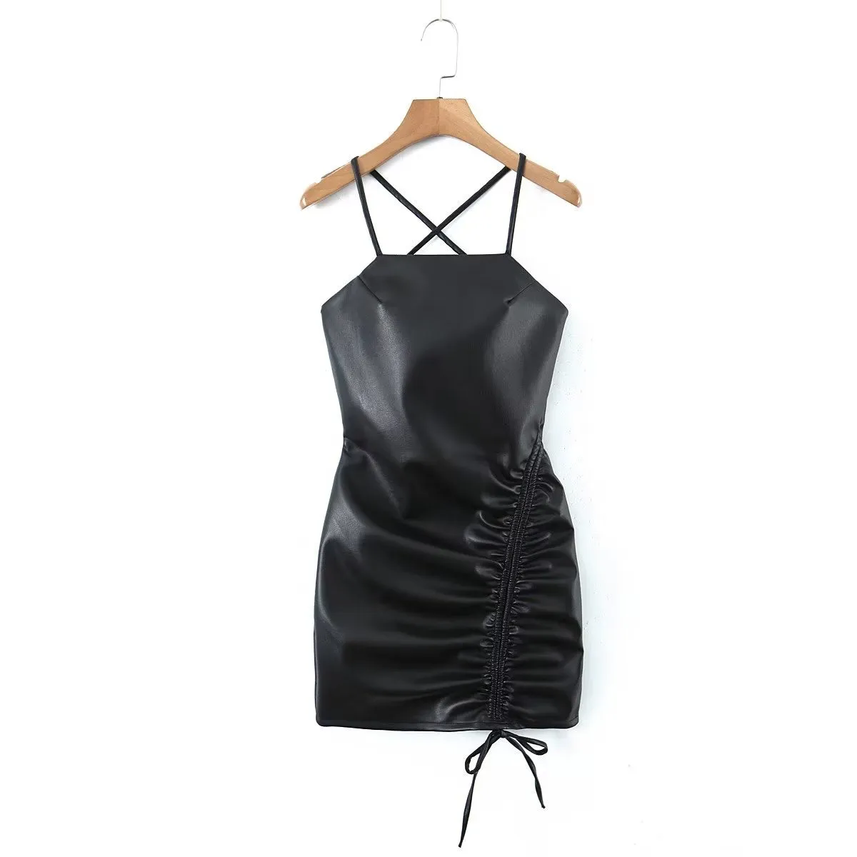 Cross Back Spaghetti Strap Ruched PU Mini Dress