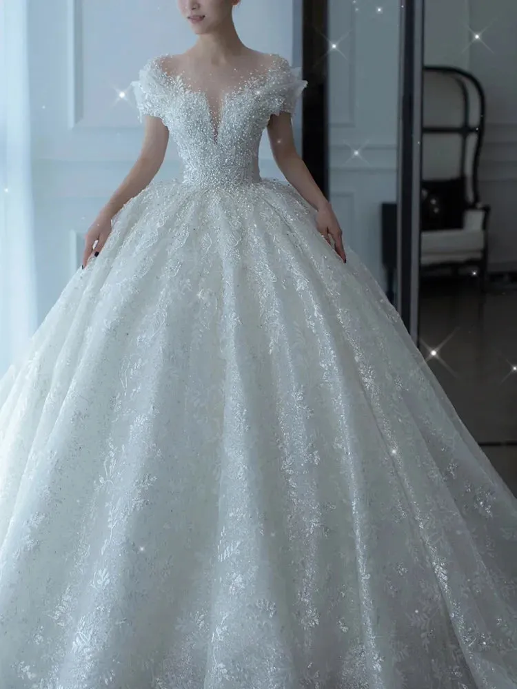 Crystal Beaded Wedding Dress Puff Tulle White Wedding Gown Simple Bride Dress