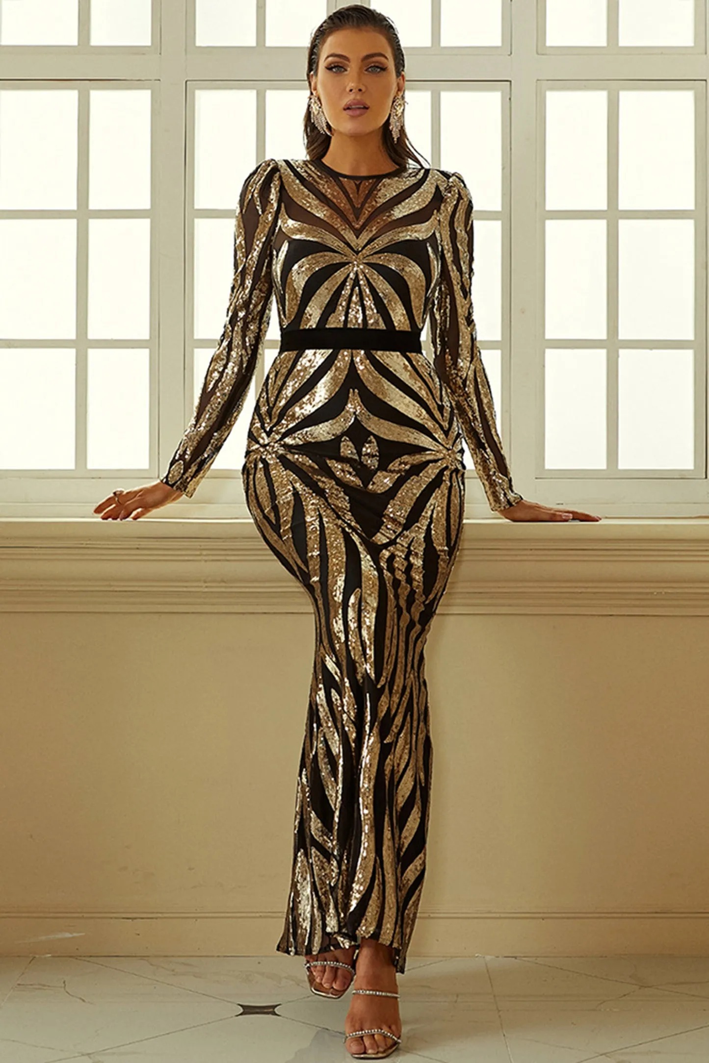Cut Out Back Mermaid Hem Contrast Sequin Gold Evening Gowns
