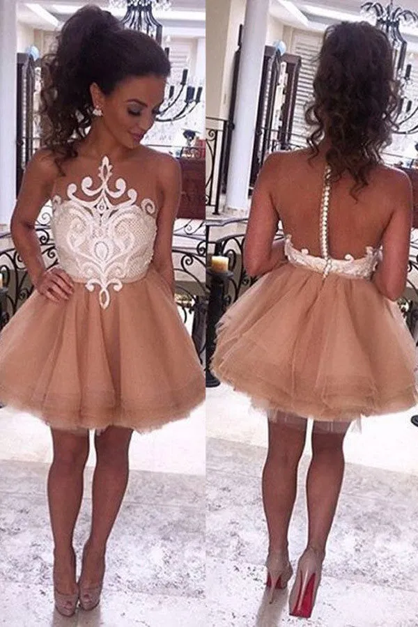 Cute A-Line Tulle Sleeveless Short Homecoming/Prom Dresses with White Lace OK304