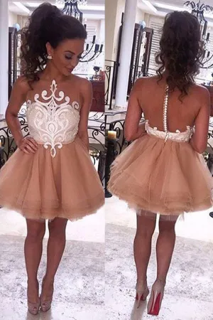 Cute A-Line Tulle Sleeveless Short Homecoming/Prom Dresses with White Lace OK304
