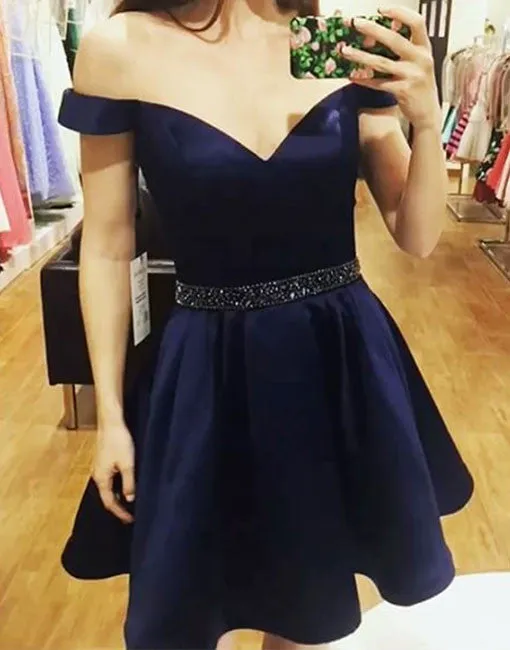 Cute Off Shoulder A line Beaded Satin Burgundy Short Homecoming Dress,Sweet 16 Dress OK234