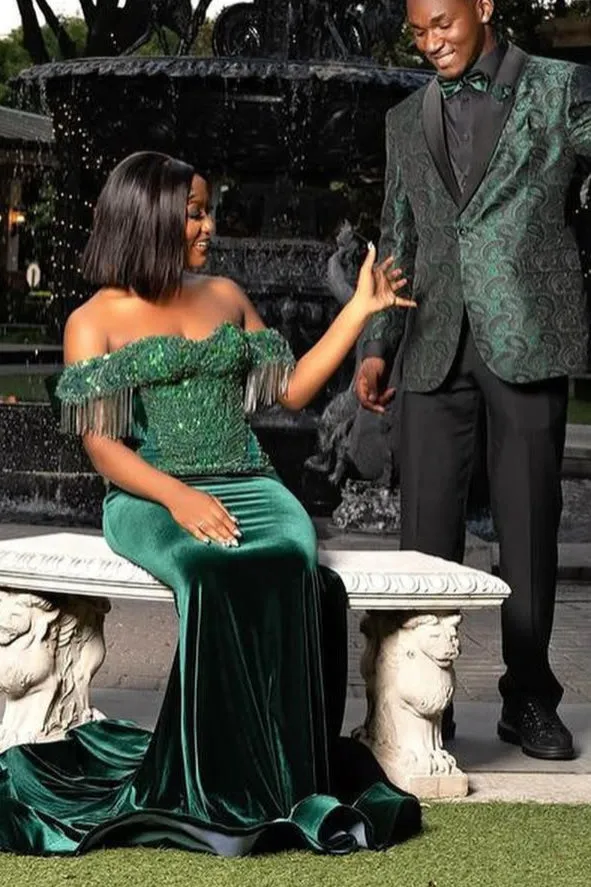 Dark Green Off the shoulder Sequined Mermaid Long Prom Dresses