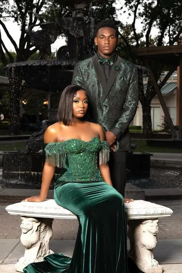 Dark Green Off the shoulder Sequined Mermaid Long Prom Dresses