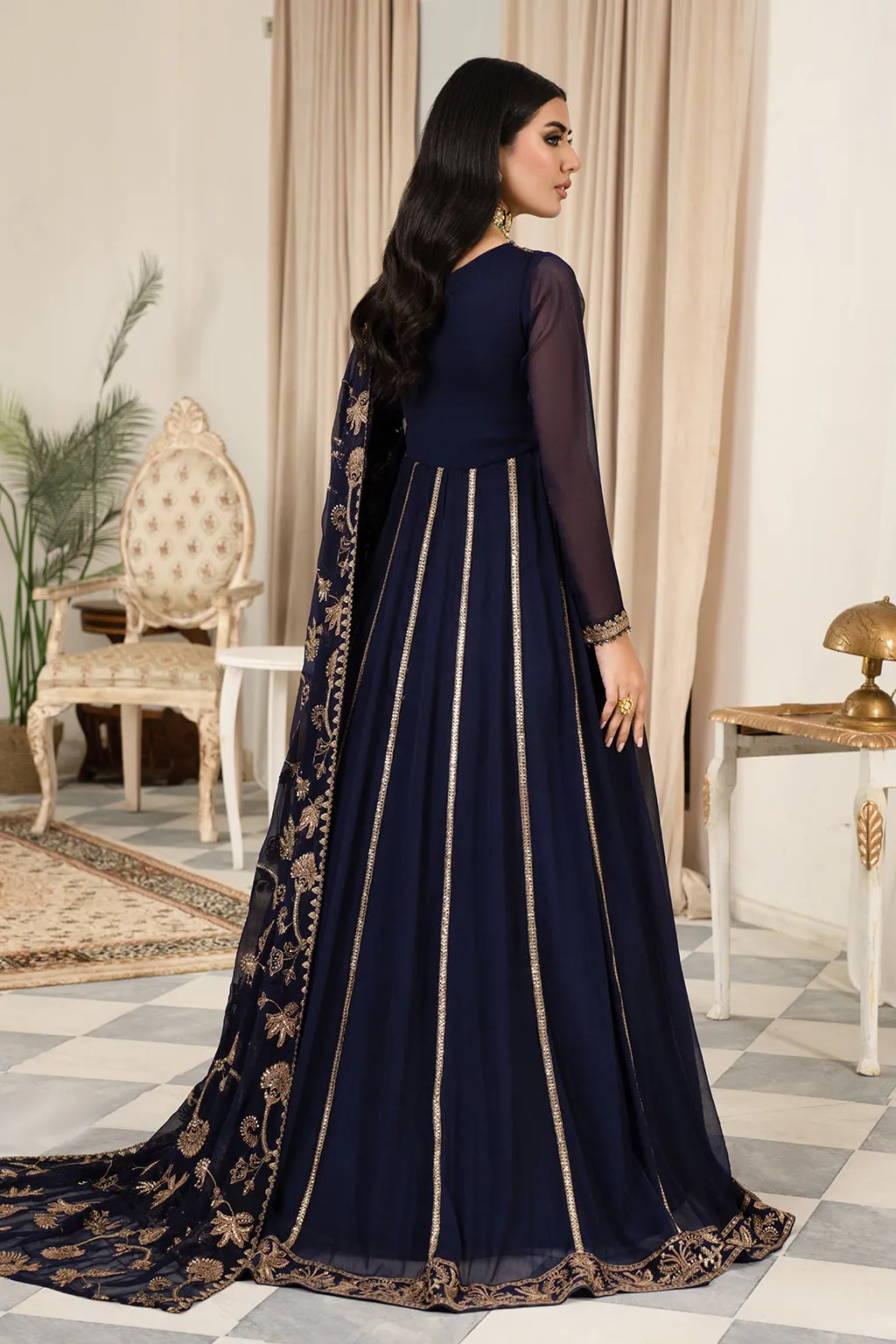 Deep Indigo Shade Pakistani Party Wear Kalidar Long Frock Pishwas