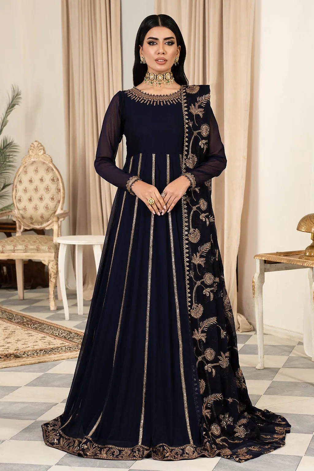 Deep Indigo Shade Pakistani Party Wear Kalidar Long Frock Pishwas