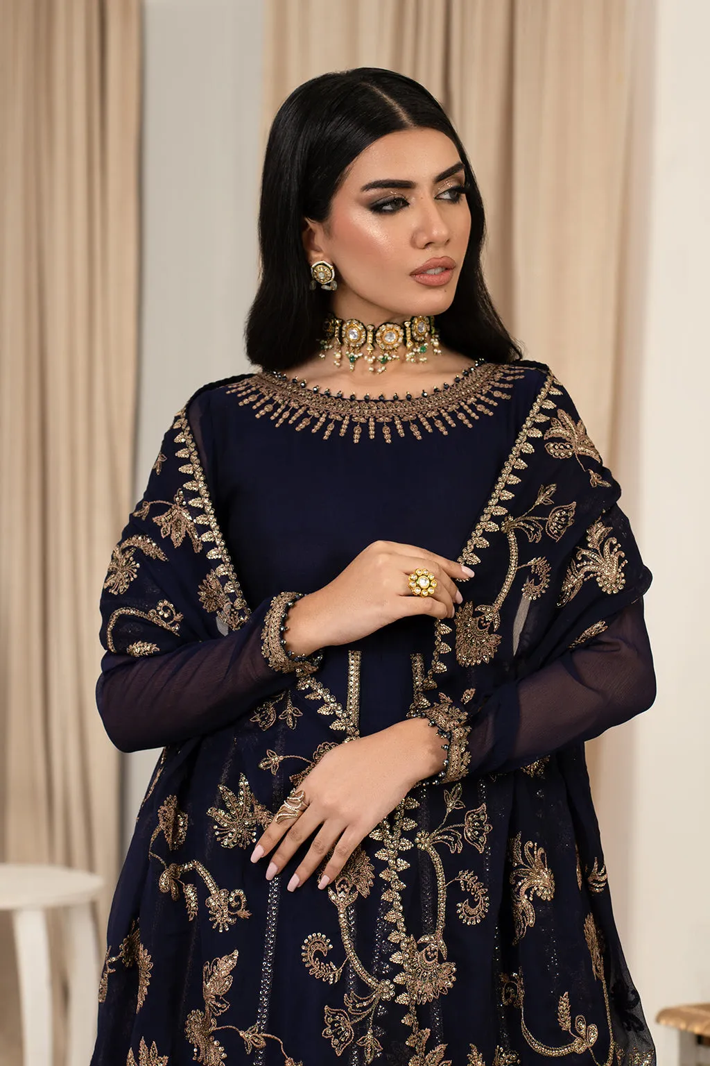 Deep Indigo Shade Pakistani Party Wear Kalidar Long Frock Pishwas