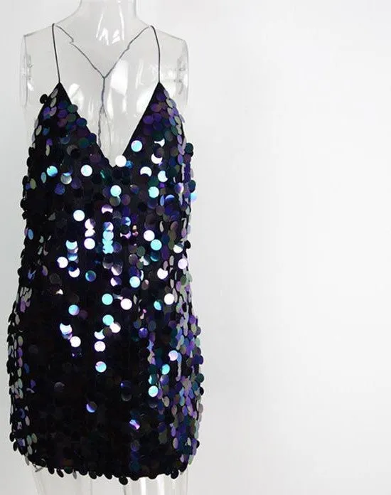 Deep V sequin sundress Backless luxury slip dress sexy party short dress women autumn winter dress vestido Camisole