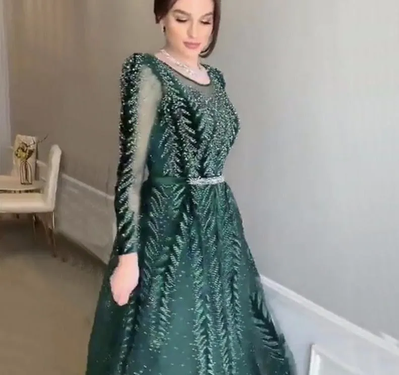 Dubai Design Green Long Sleeves Evening Dresses O-Neck Beading Sequined A-Line Formal Dress