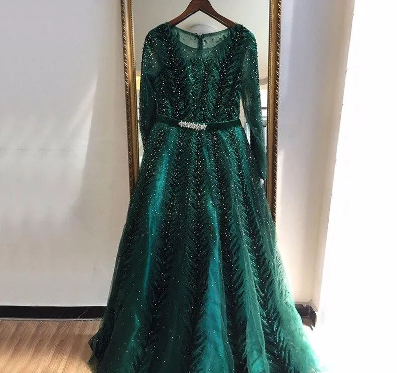 Dubai Design Green Long Sleeves Evening Dresses O-Neck Beading Sequined A-Line Formal Dress
