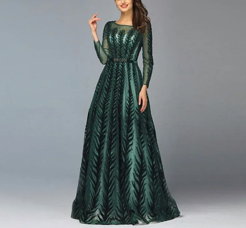 Dubai Design Green Long Sleeves Evening Dresses O-Neck Beading Sequined A-Line Formal Dress