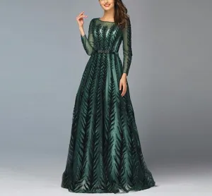 Dubai Design Green Long Sleeves Evening Dresses O-Neck Beading Sequined A-Line Formal Dress