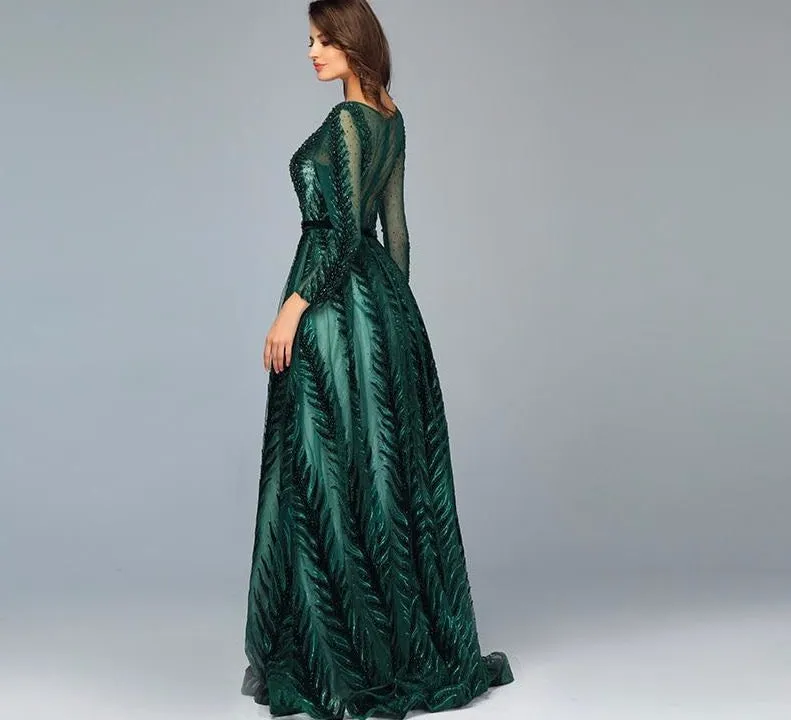 Dubai Design Green Long Sleeves Evening Dresses O-Neck Beading Sequined A-Line Formal Dress