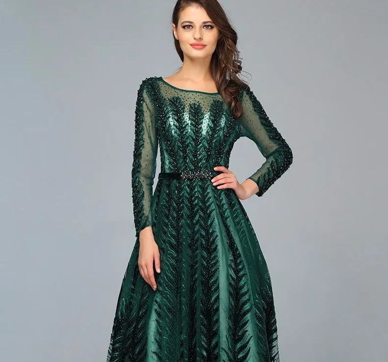 Dubai Design Green Long Sleeves Evening Dresses O-Neck Beading Sequined A-Line Formal Dress