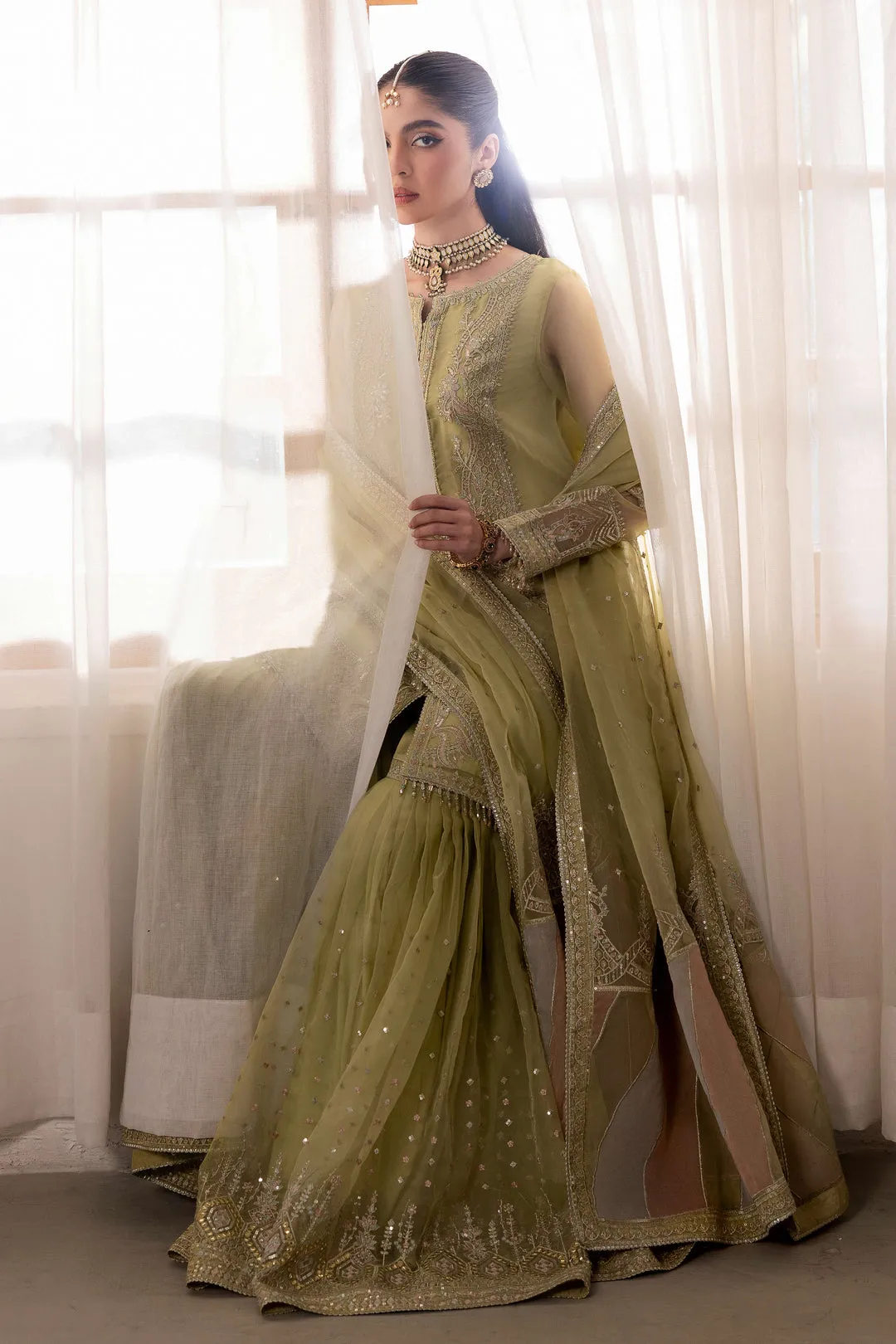 Dusty Lime Heavily Embellished Kurta Sharara Style Pakistani Wedding Dress