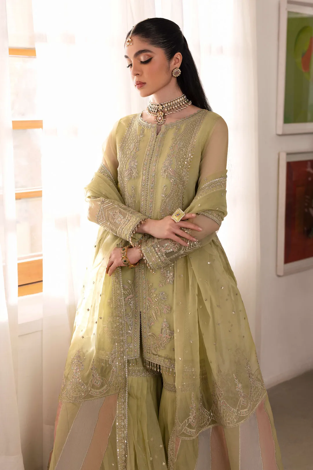Dusty Lime Heavily Embellished Kurta Sharara Style Pakistani Wedding Dress