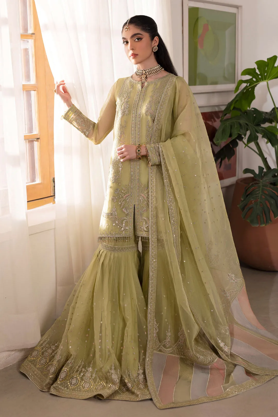 Dusty Lime Heavily Embellished Kurta Sharara Style Pakistani Wedding Dress
