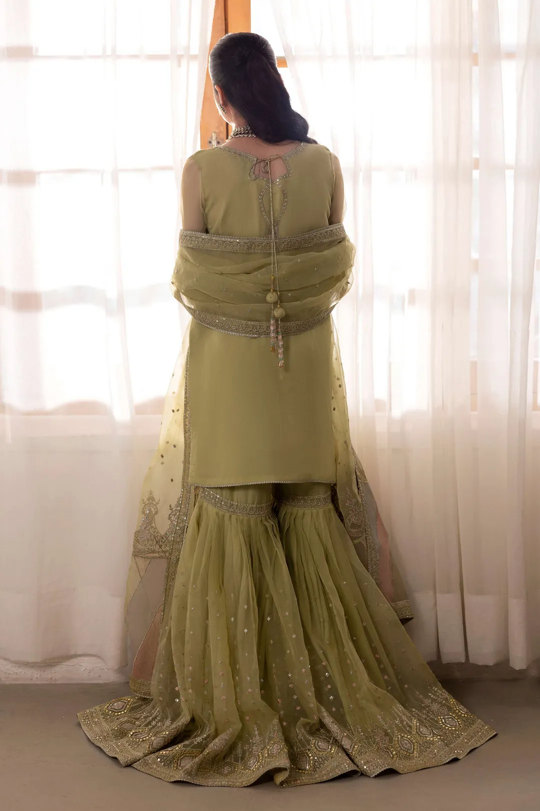 Dusty Lime Heavily Embellished Kurta Sharara Style Pakistani Wedding Dress