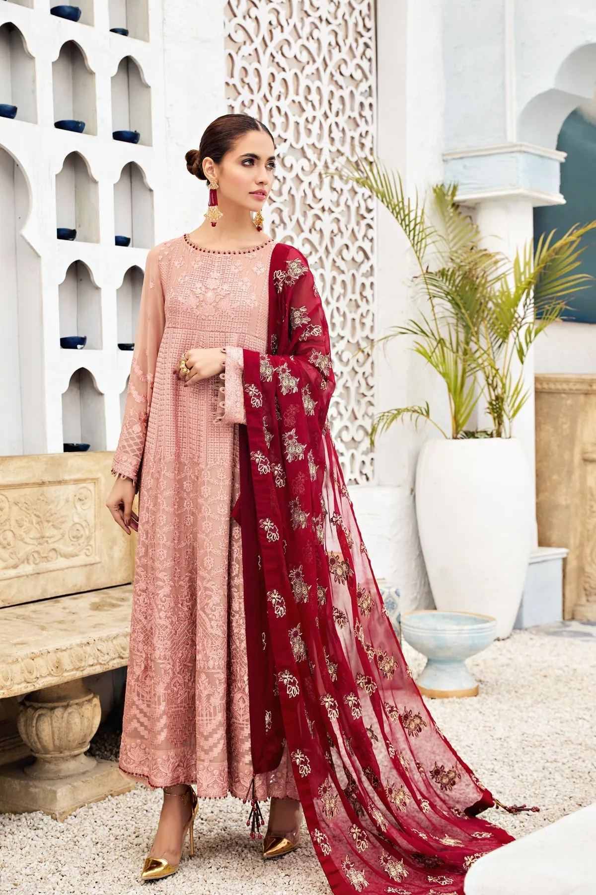 Dusty Rose Embroidered Pakistani Frock Dupatta Wedding Dress
