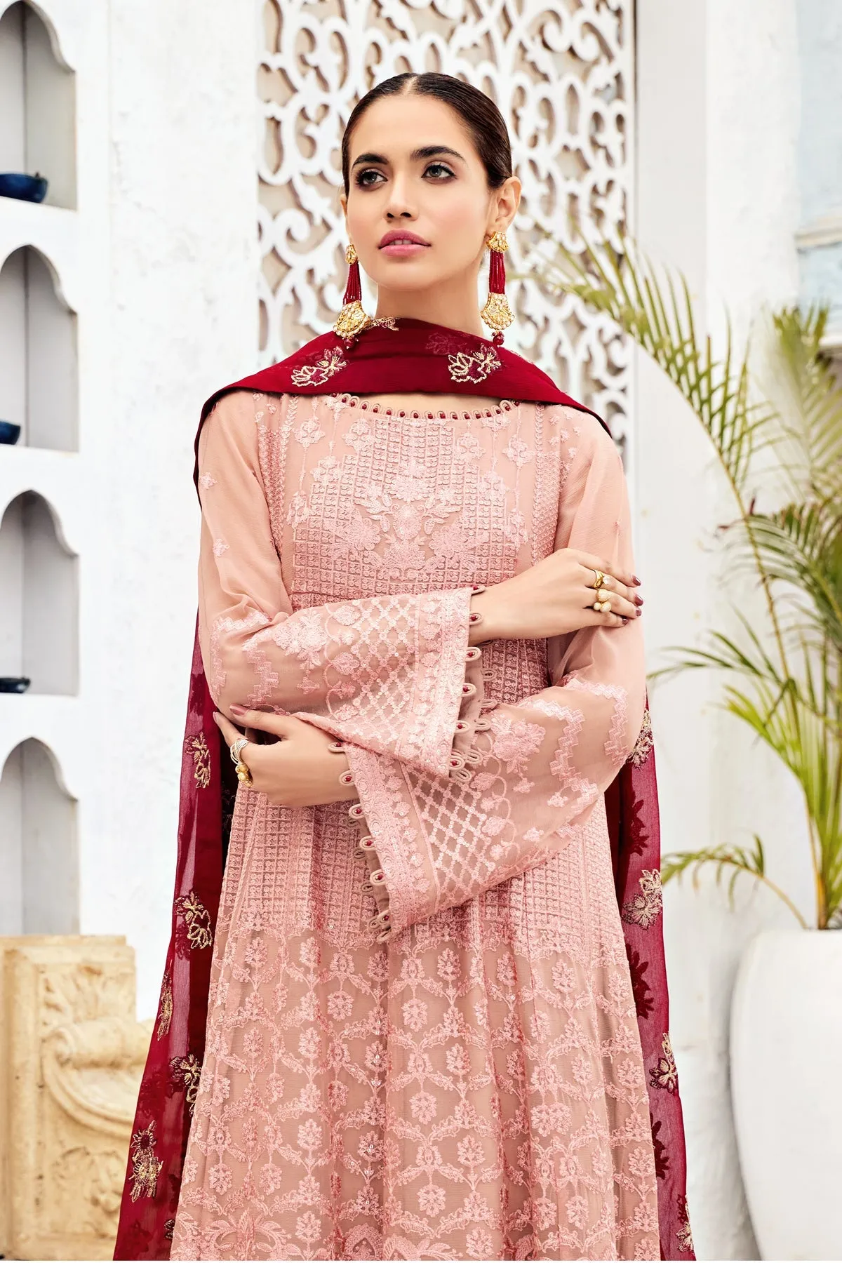 Dusty Rose Embroidered Pakistani Frock Dupatta Wedding Dress