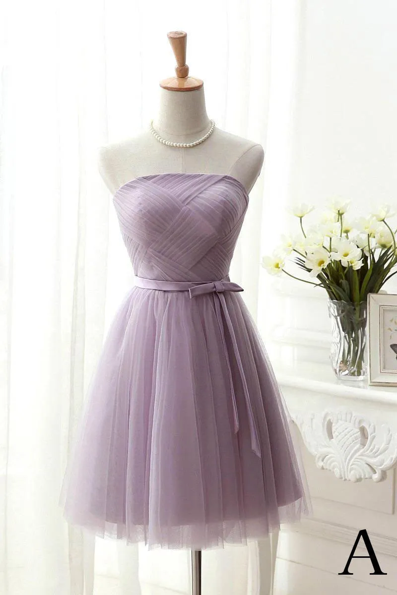 Elegant A-Line Strapless Purple Tulle Short Homecoming Dresses with Bowknot OK327