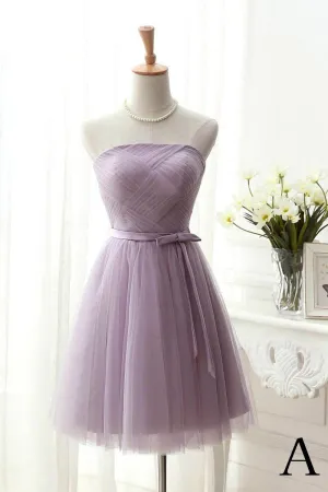 Elegant A-Line Strapless Purple Tulle Short Homecoming Dresses with Bowknot OK327